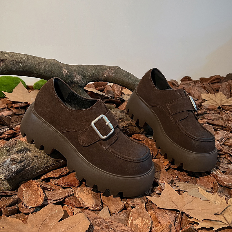 Grape Mom studiolee Round Head Metal Band Height Increasing Thick Heel Thick Bottom Loafers Women's Spring and Autumn Small Leather Shoes