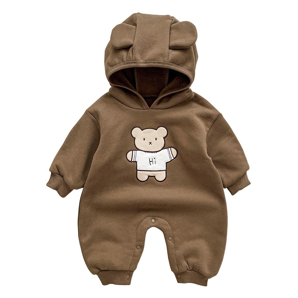 ins Korean style baby autumn and winter fleece-lined warm long-sleeved jumpsuit children's super cute cartoon bear hooded romper