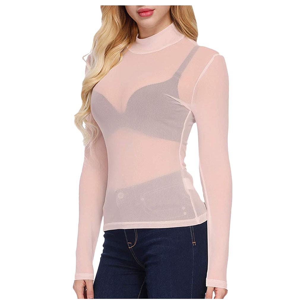 Picture of Autumn 2023 Black Transparent Mesh Base Shirt Women's Long-sleeved Sexy Perspective Thin Mesh Shirt Super-stretch Shirt