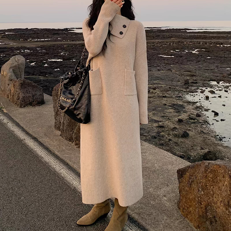 Korean Style New Cloud Sense Yarn Long High Collar Women's Loose Autumn and Winter Slim Look Base dress