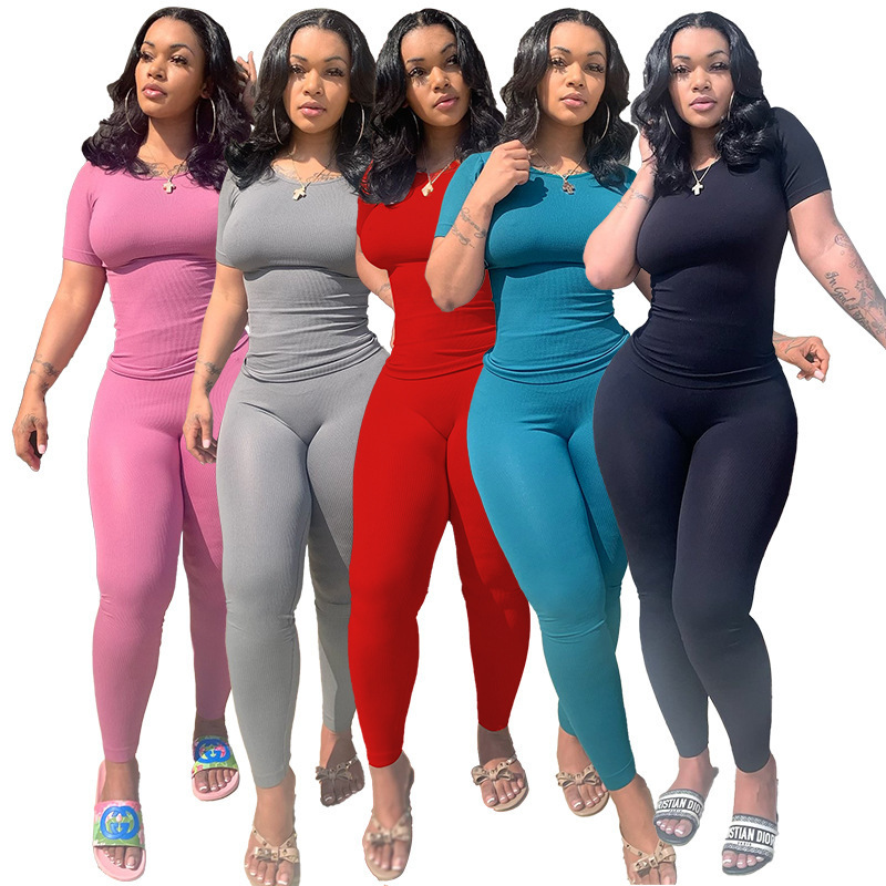 2023 Cross-border Explosions Amazon European and American plus size Sports Two-piece Pit Strip High Elastic Solid Color suit Women