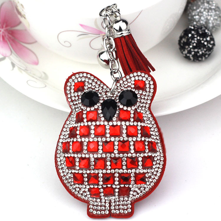 New glass Diamond cute owl car pendant creative tassel small gift Korean velvet rhinestone keychain
