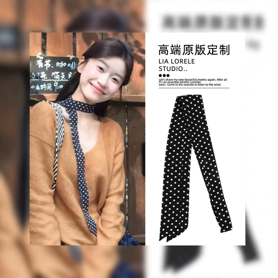 Korean atmosphere sense ~ black wave dot long silk scarf early spring advanced sense Joker neck hair band thin scarf women