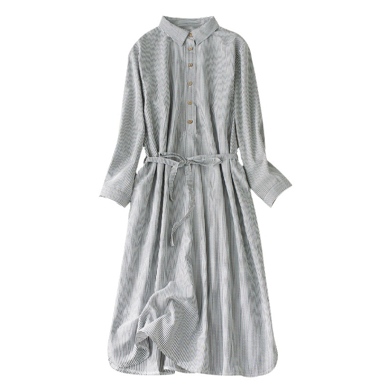 Picture of Real Shot 2022 Autumn Artistic Casual Loose A- Line Large Size Women's Wear Slimming Striped Over-the-knee Shirt Dress
