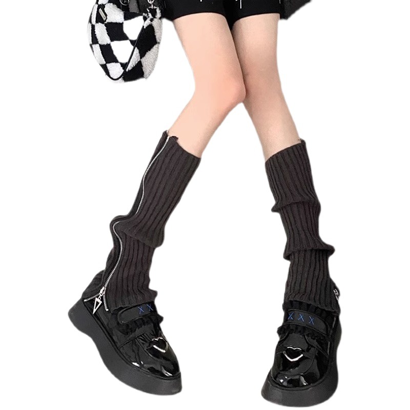 Spring and Autumn new women's knitted socks all-match zipper leg cover black calf pile socks mid-calf jk socks