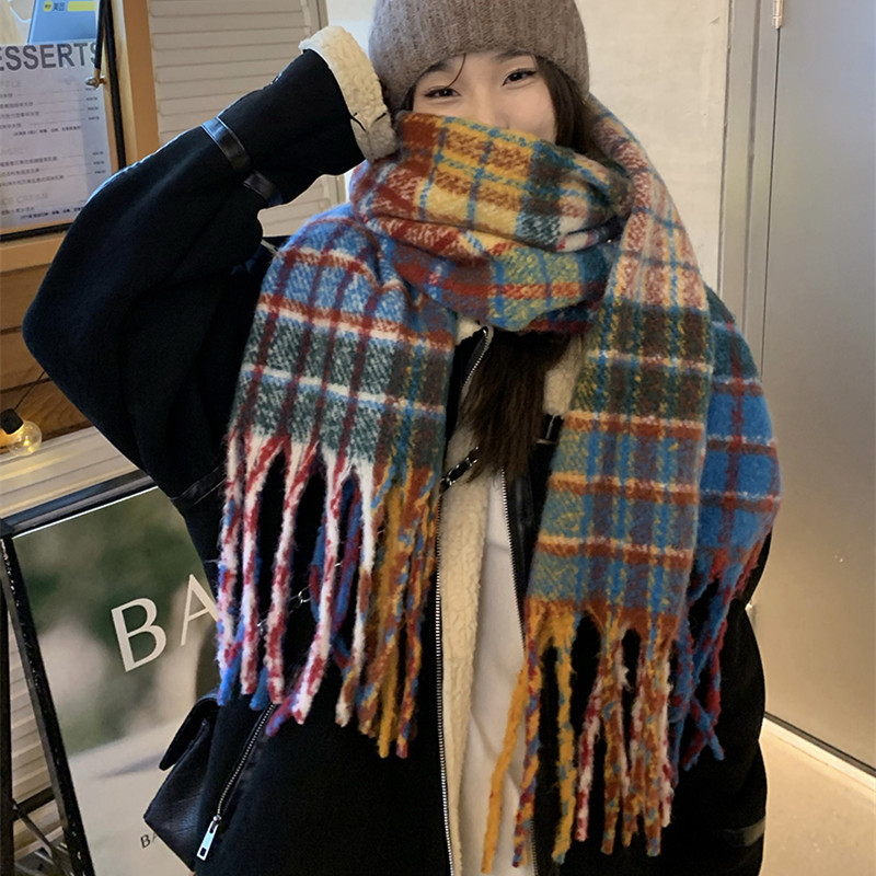Picture of Korean Autumn and Winter Rainbow Plaid Cashmere Scarf Female Student Couple Mohair Warm Neck Long Shawl