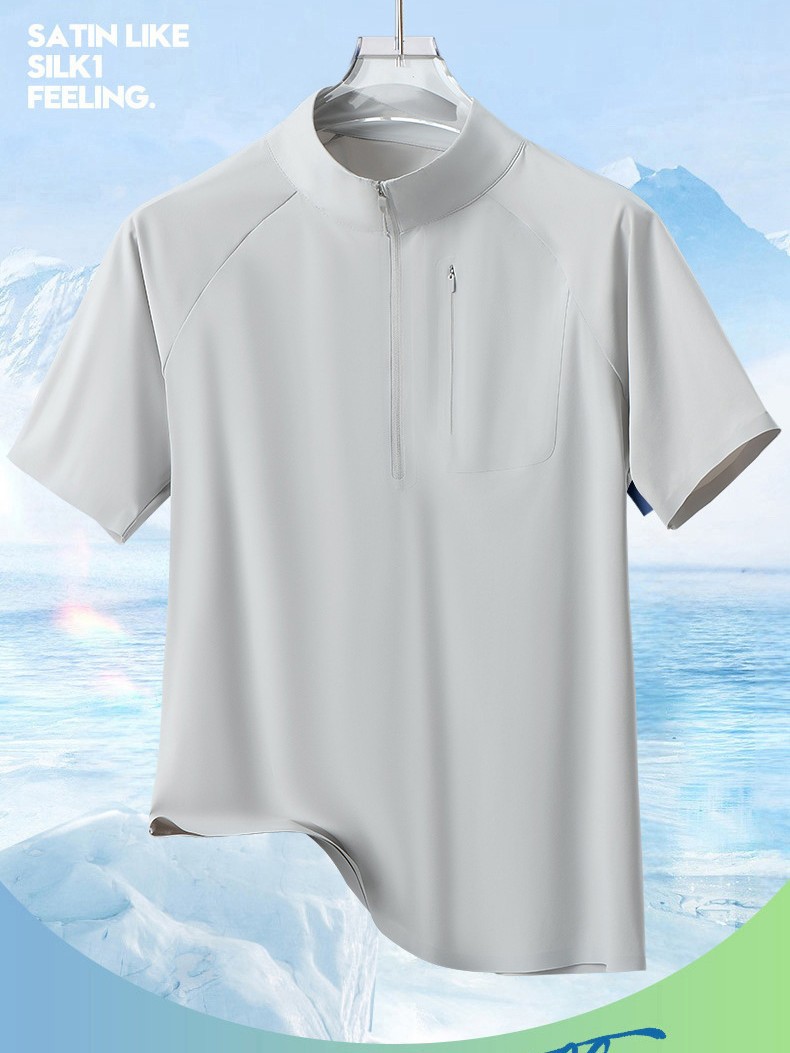 Summer Polo Shirt Men's Outdoor Ice Silk Quick-Drying Stretch Half Zipper T-Shirt Men's Sports Casual Stand Collar Short Sleeve t