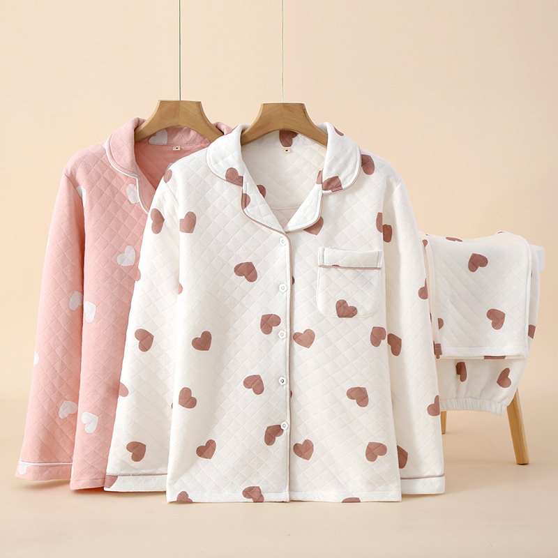Autumn and winter pajamas women's lapel mezzanine home clothing winter home cardigan suit air cotton can be worn outside