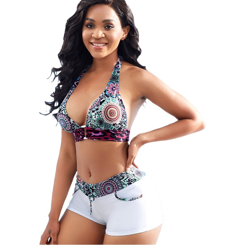 2021 New Sexy Split Swimsuit Women's Split Neck High Waist Box Shorts with Pocket Printed bikini bikini