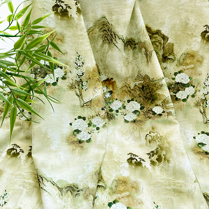 Landscape crane yin brocade cotton fabric cheongsam dress top Hanfu fabric new Chinese style digital printed fabric