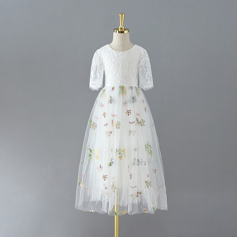 Lace dress Embroidered Flower Chiffon Princess Dress Summer Sweet Lady Long Dress Graduation Party Dress