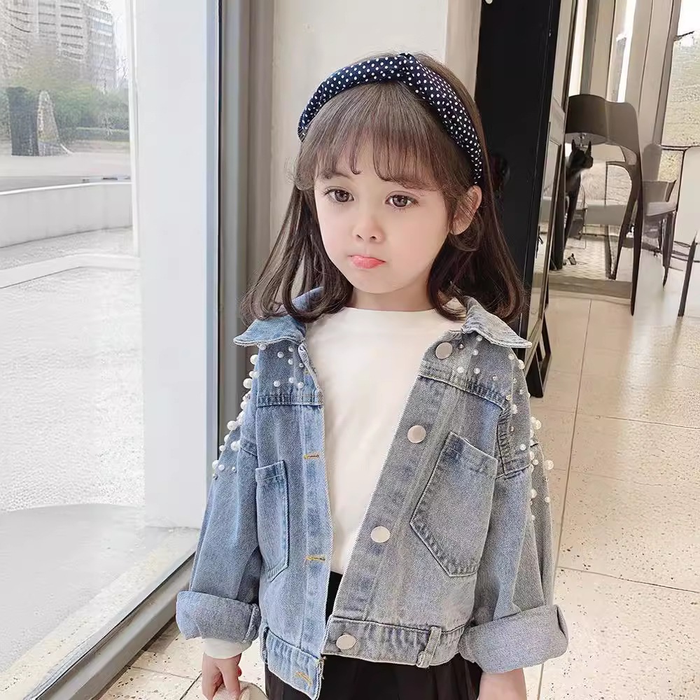 Picture of 2025 New Spring and Autumn Dress Girls Heavy Industry Beaded Pearl Pearl Denim Coat Children's Wear Girl Baby Fashion Coat
