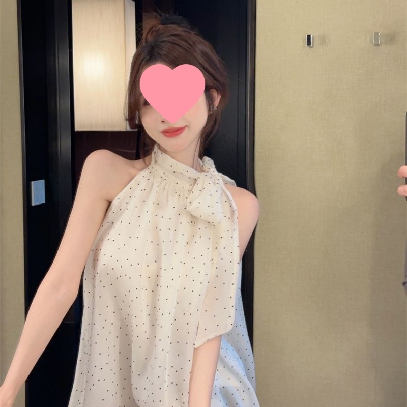 Bow Lace-up Neck Chiffon Shirt Women's 2025 Summer New Loose Sleeveless Shoulder Wave Dot Hot Girl Trendy Top