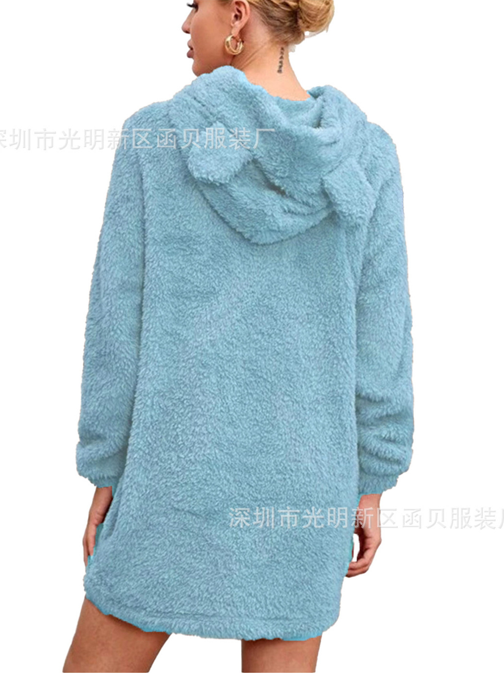 Picture of European and American Cross-border Amazon 2024 Autumn and Winter New Ear Hooded Loose Plush Long Sleeve Women's Wei Skirt Coat