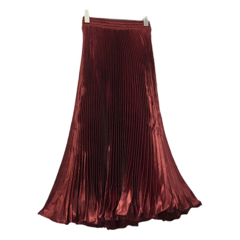 2025 New High Waist A-Line Skirt Slimming Temperament Drapey Satin Easiest for Match Fishtail Skirt Pleated Skirt Cross-Border Skirt