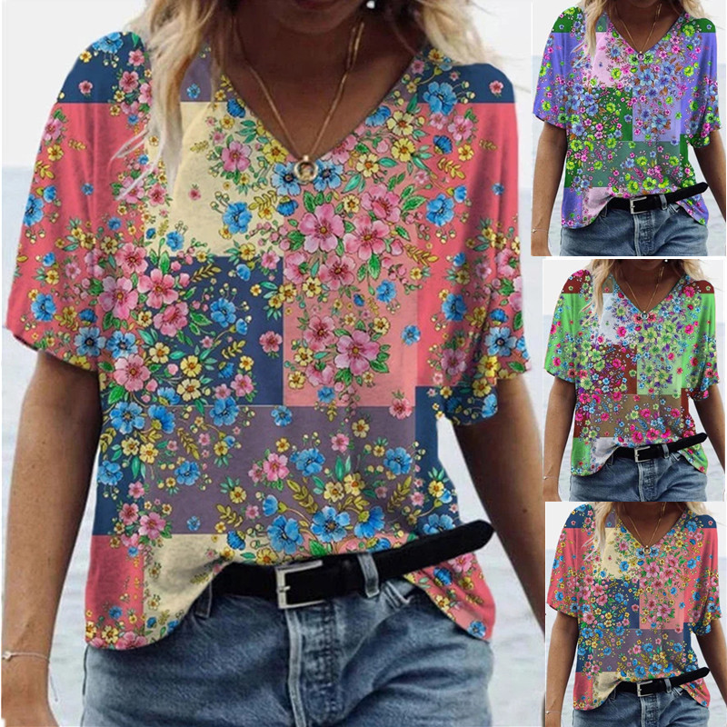 Spot goods cross-border European and American Foreign Trade women's clothing summer flower abstract painting V-neck loose printed short-sleeved T-shirt top