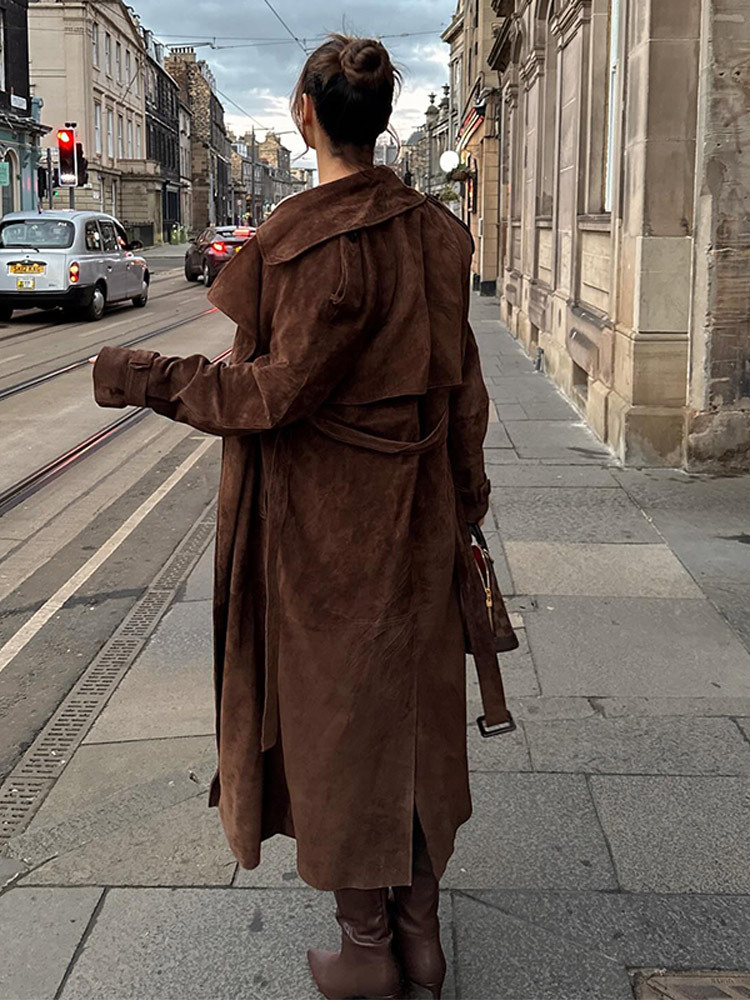 Picture of 2025 Amazon Cross-Border Autumn and Winter New Dark Brown Suede Lace-Up Coat Trench Coat Women's Slimming Jacket