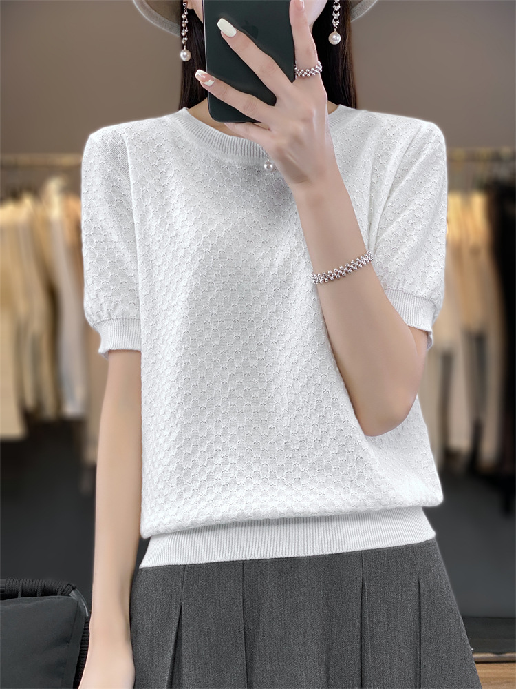 Solid Color Sweet Hollow Crochet Pure Cotton Knitted Short-Sleeve T-Shirt for Women, New Summer Versatile All-Cotton Top Base Layer