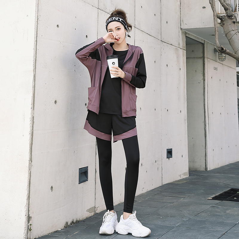 New Sports Suit Women's Running Quick-drying Gym Color-matching Slimming Large Size Loose Five-piece Yoga Suit in Stock