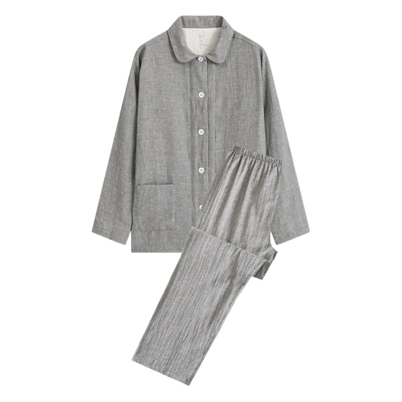 Muji Style Good Product Autumn and Winter Washed Cotton Double-layer Yarn Pajamas Women's Double-layer Yarn Home Clothes Pure Cotton Couple Home Clothes