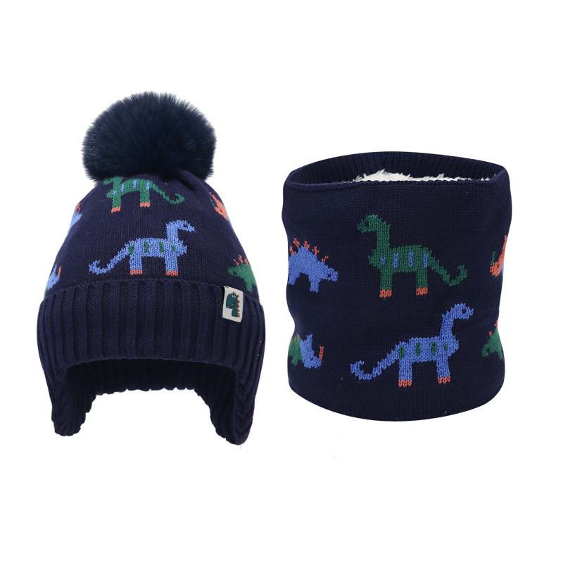 Picture of Cross-border Winter Children's Jacquard dinosaur fleece-lined knitted hat scarf suit boys' ear protection wool hat two-piece set