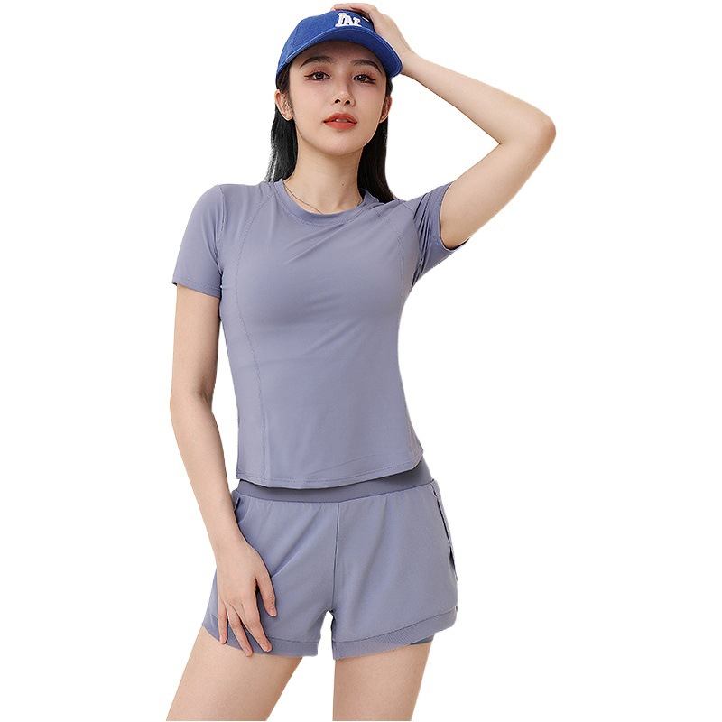 Quick-drying Mesh Stitching Anti-running Sports Women's Summer Loose Running Loose High Waist Yoga Clothes Short-sleeved suit