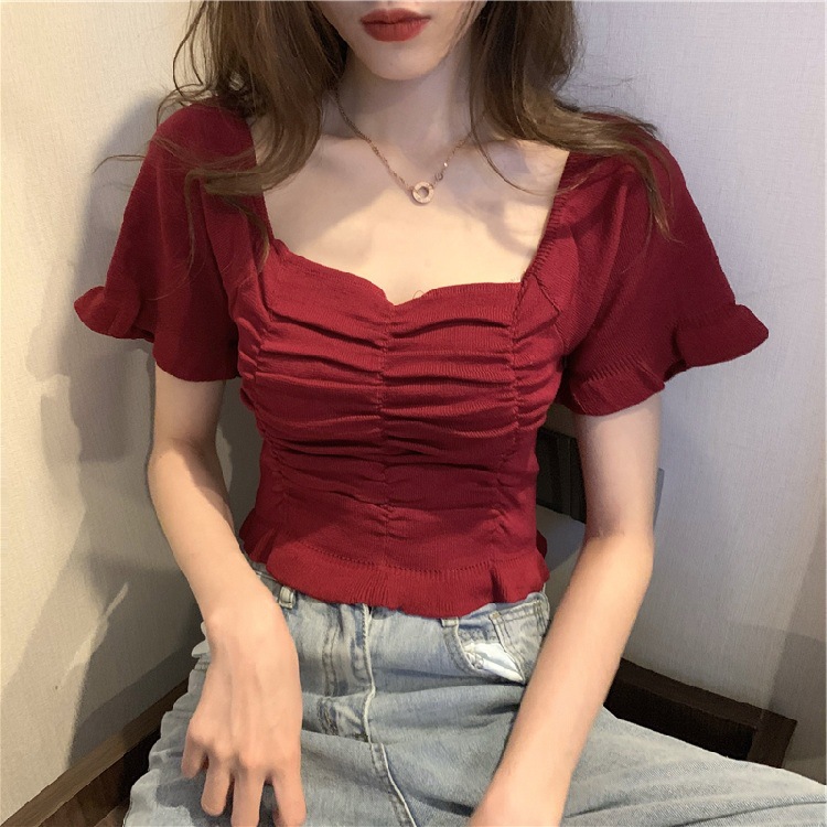 Picture of Summer 2020 New Arrival Retro French Style Short Top Shirt Shows Clavicle Caught Machine Slim-fit Slimming Short-sleeved Sweater for Women