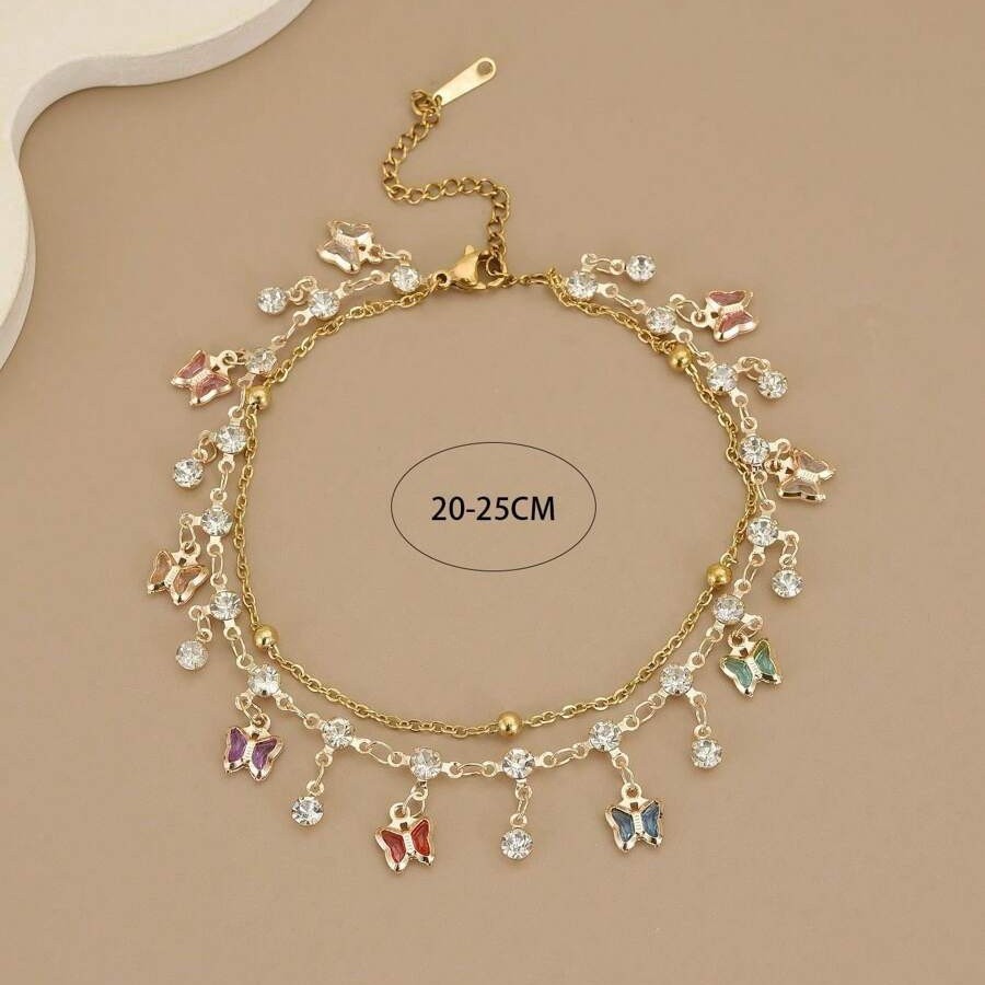 Cross-Border Popular Summer Cool and Colorful Butterfly Double-Layer Niche Light Luxury Temperament Exquisite and Versatile Stainless Steel Anklet