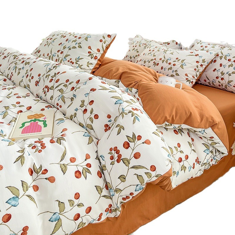 Picture of Class A Washed Double Yarn Cotton and Linen Four-piece Bed Sheet Cover Cover Three-piece Machine Washable Single and Double Bed Top Supplies
