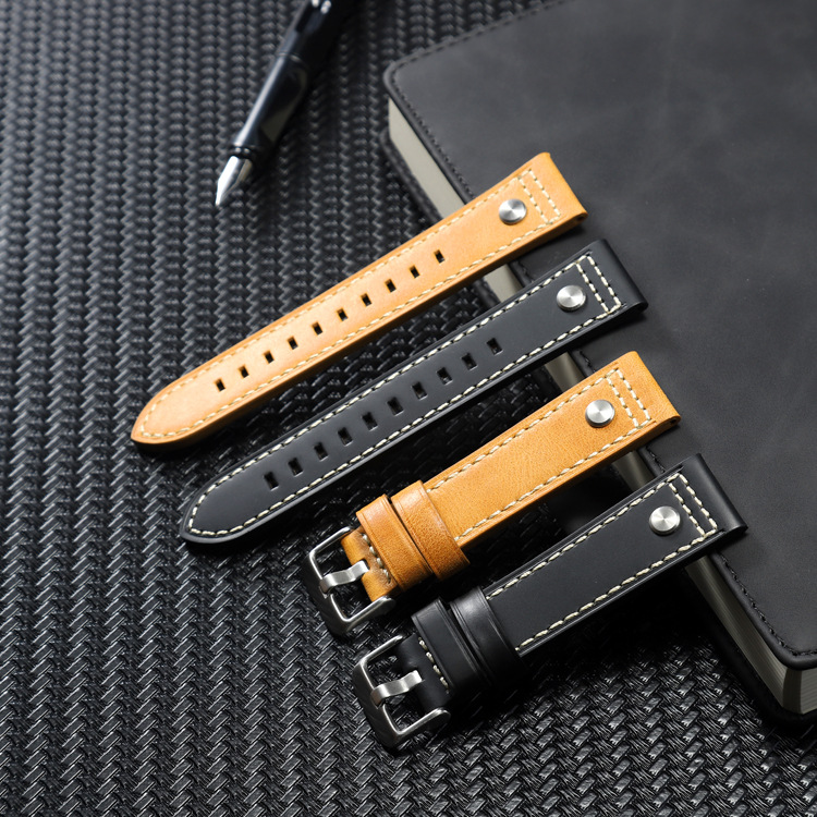 Cowhide Watch Strap 18/20/22/24mm First Layer Genuine Leather Vintage Steel Stud Watch Strap with Cut Edge and Stitched Leather Watch Strap