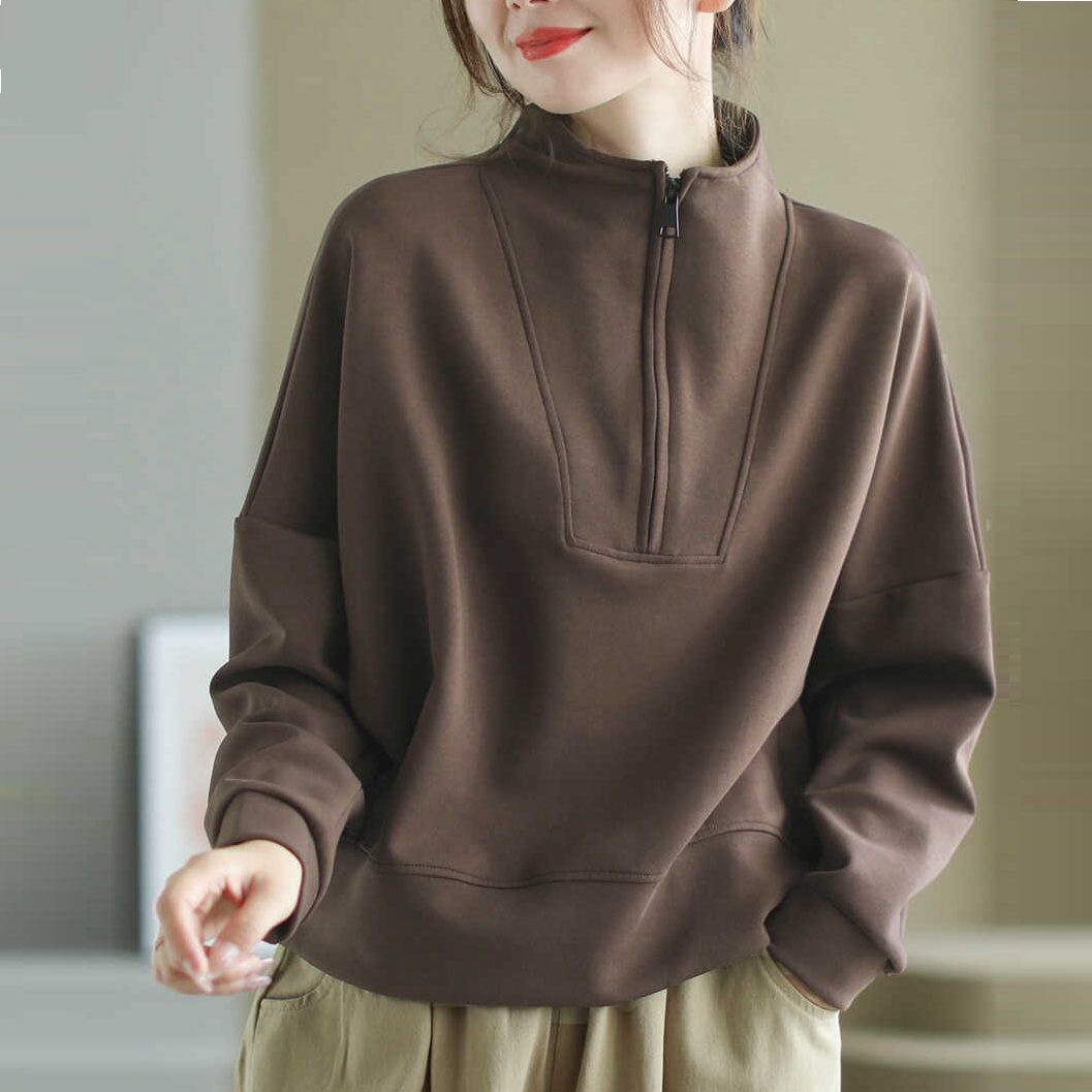 Picture of 2025 autumn new women's stand-up collar half-zip sweatshirt loose and foreign style wears long-sleeved casual top A6302