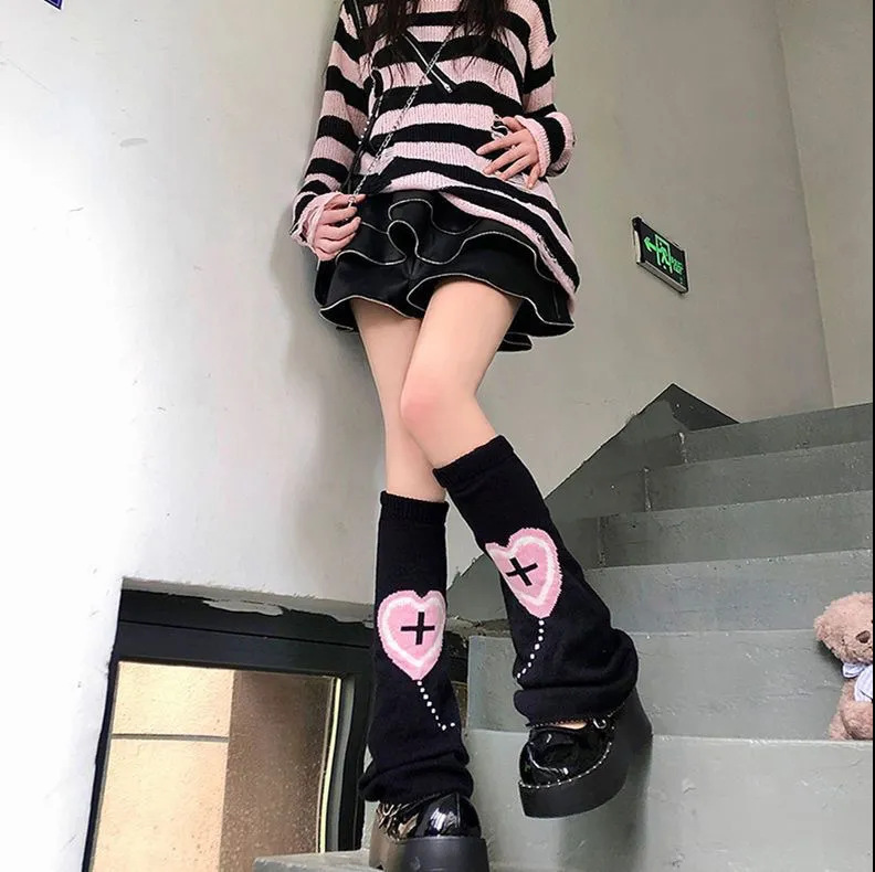 Lolita Wide Leg Socks Love Cross Y2K Girls with Calf Cover Winter Warm Acrylic Knitted Socks