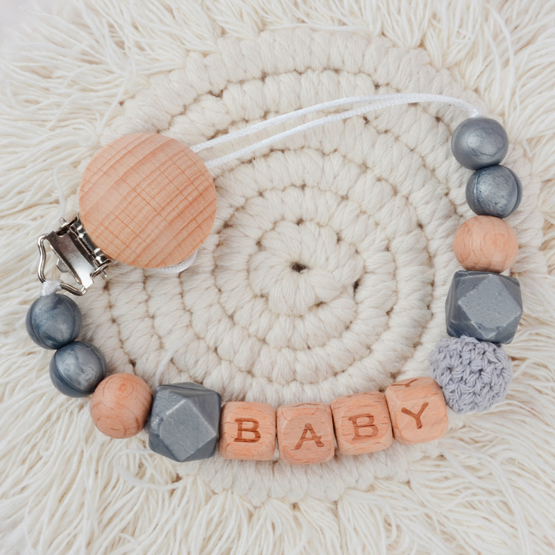 Picture of New Beech pacifier clip Beech letters BABY silicone octagonal beads wool crochet anti-drop chain