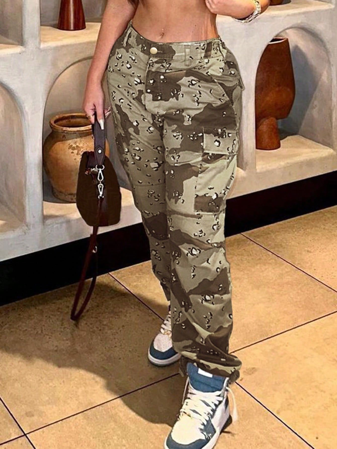 2024 European and American New Women's Casual Splicing Camouflage Women's Pants Amazon New High-Waisted Camouflage Cargo Pants