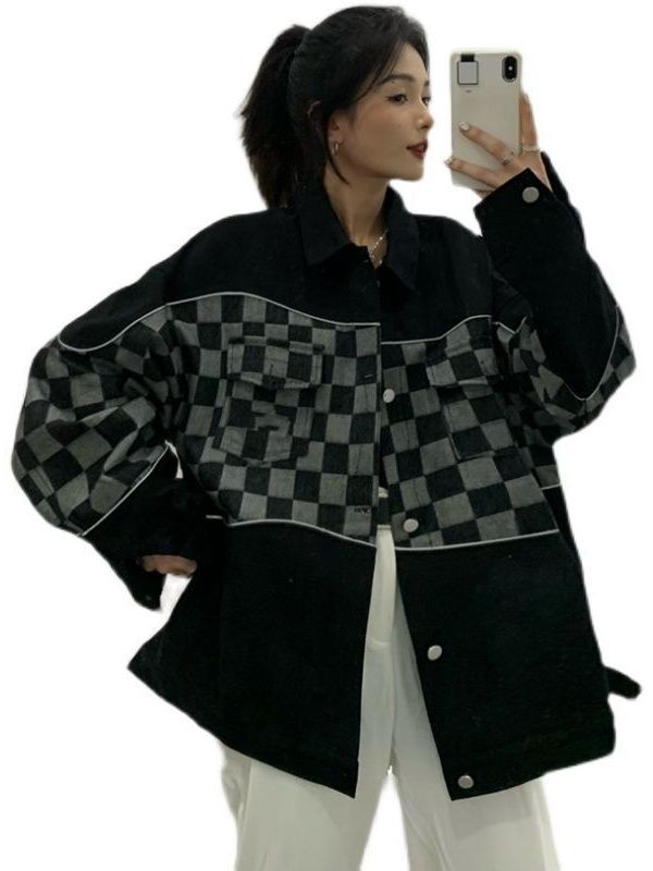Picture of Checkerboard Stitching Denim Jacket Loose Korean-style Fashionable Autumn and Winter ins High Street All-match Jacket Top for Men and Women Students