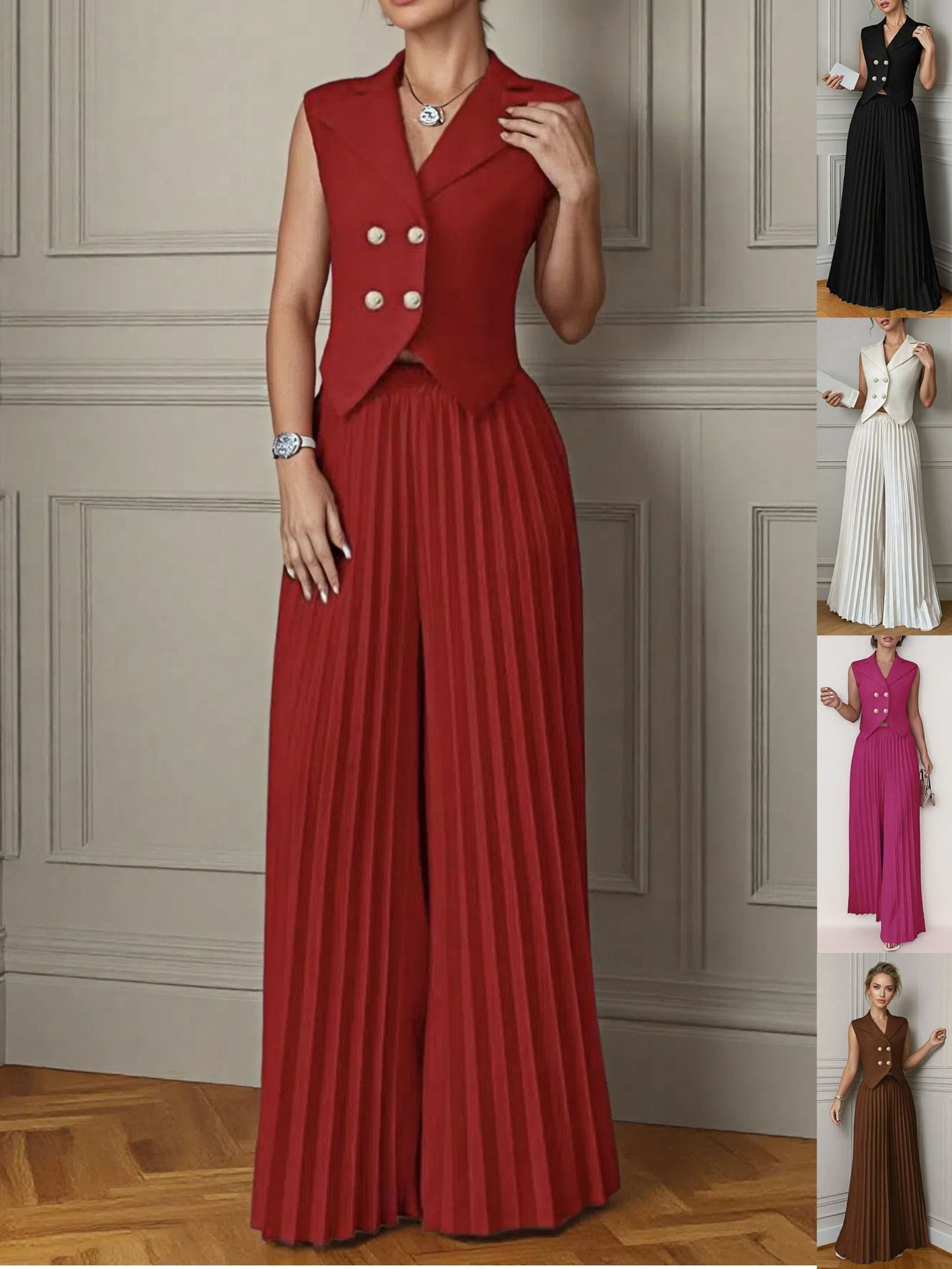 2025 European and American Fashion Cross-Border New Fashion Vest Pleated Skirt Pants Two-Piece Long Pants Suit for Women