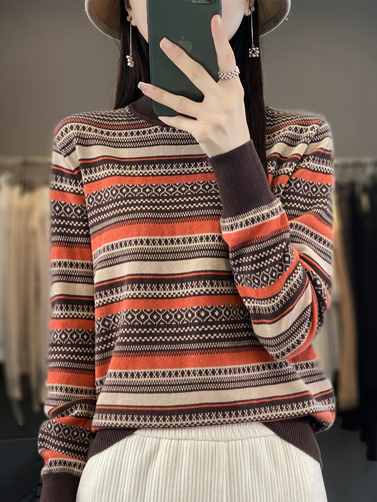 Autumn and winter new semi-high-neck cotton knitted long-sleeved top, thin and versatile three-color jacquard base layer with women