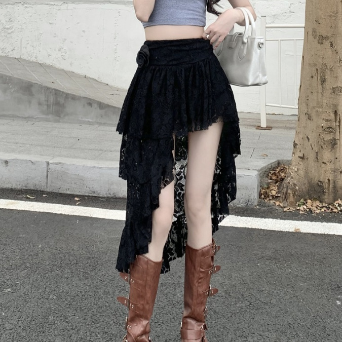 Irregular Skirt Rose Flower Slant Edge Cake Skirt Summer New Niche Design Sense Lace Dress Women