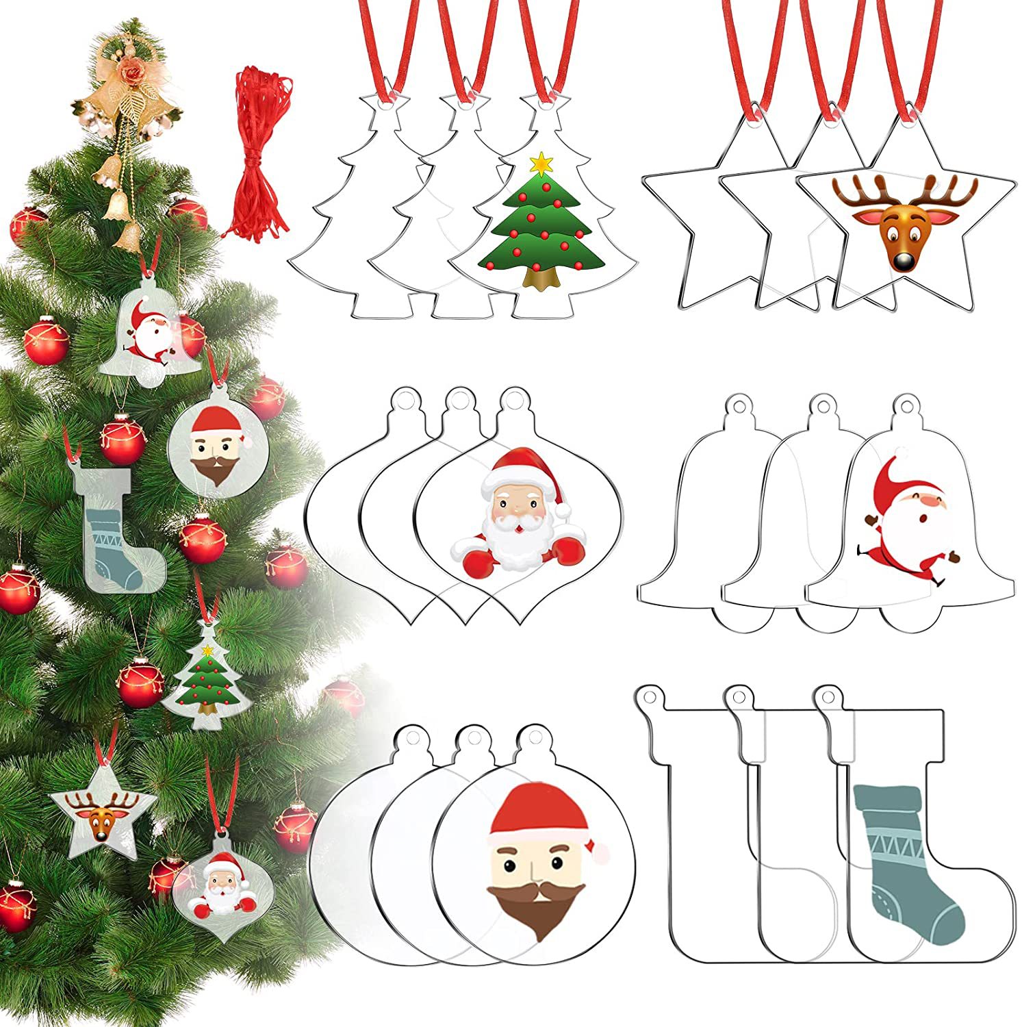 Christmas transparent acrylic blank decorations DIY with red ribbon Christmas Tree party hanging crafts