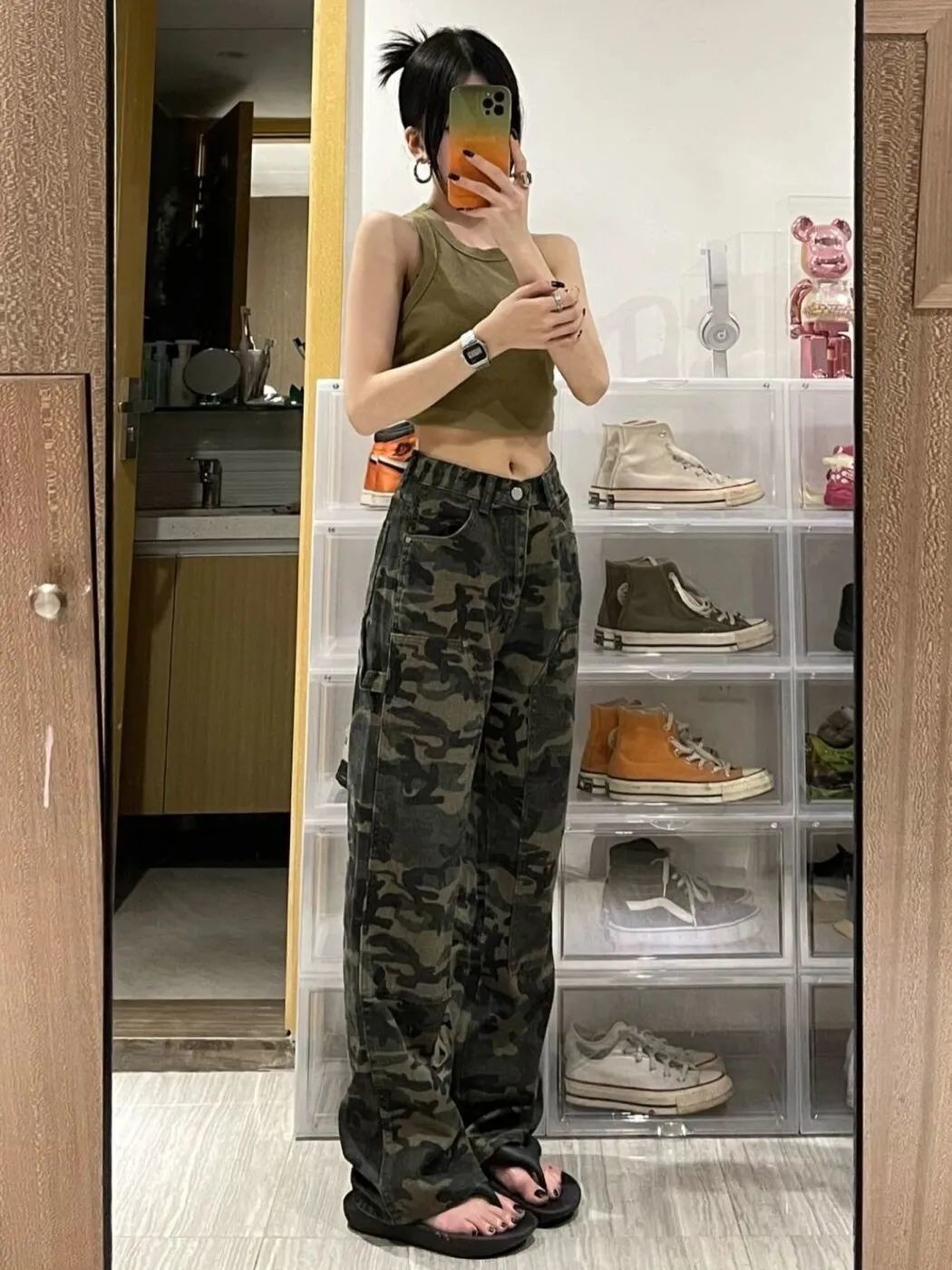 Picture of Army Green Camouflage Jeans for Women 2025 Spring and Autum Ins High Street New Loose K-Style Slimming Look Straight Wide Legs