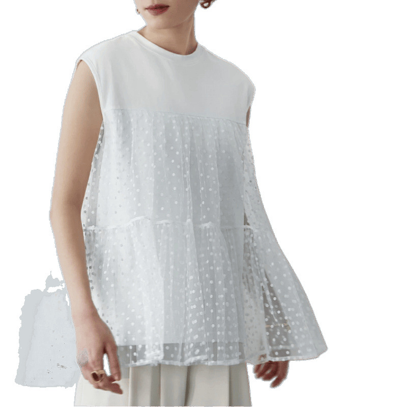Picture of Foreign Trade Japanese Polka Dot Mesh Splicing Sleeveless Shirt Women's Summer Fashion Sweet Age-Reducing Lace Loose Top