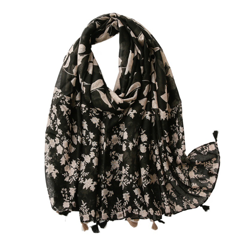 Malay Foreign Trade Elegant Black Flower Cotton Tassel Headscarf Sunscreen Shawl Spring and Summer New Bali Yarn Scarf Women