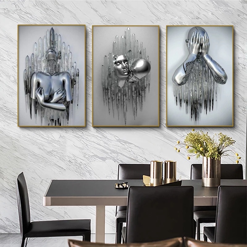 Picture of Scandinavian Home Decoration Canvas Painting Metal Character Statue Poster Hanging Painting Wall Frameless Painting Core Creative Metal