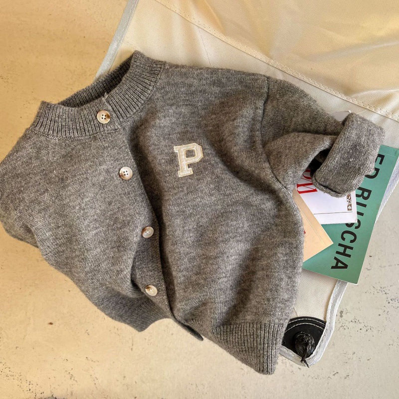 Picture of [in stock] children's sweater cardigan spring and autumn new boys and girls solid color letters cardigan baby sweater