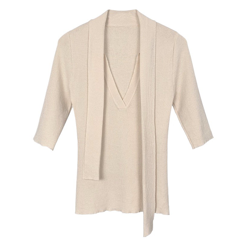 South Korea Dongdaemun scheming ribbon slim-fit slimming sexy V-neck chest-flattering large thin mid-sleeve sweater top for women