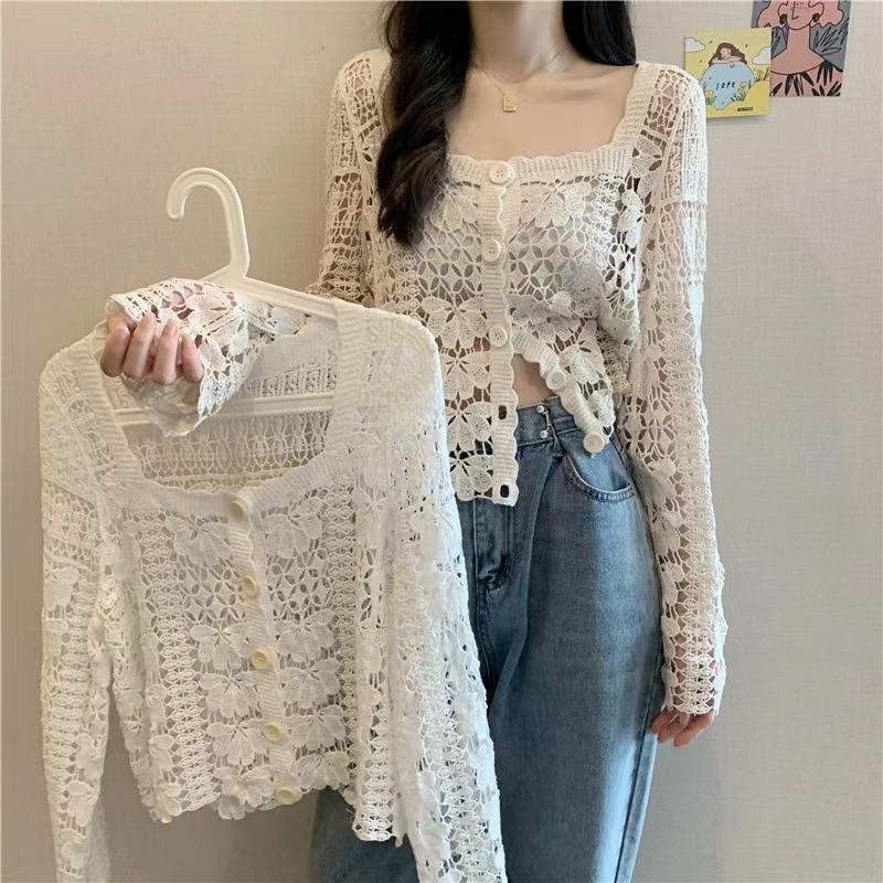 Fresh 2023 spring and summer new small heart machine hollow thin air conditioning blouse short long sleeve knitted cardigan for women