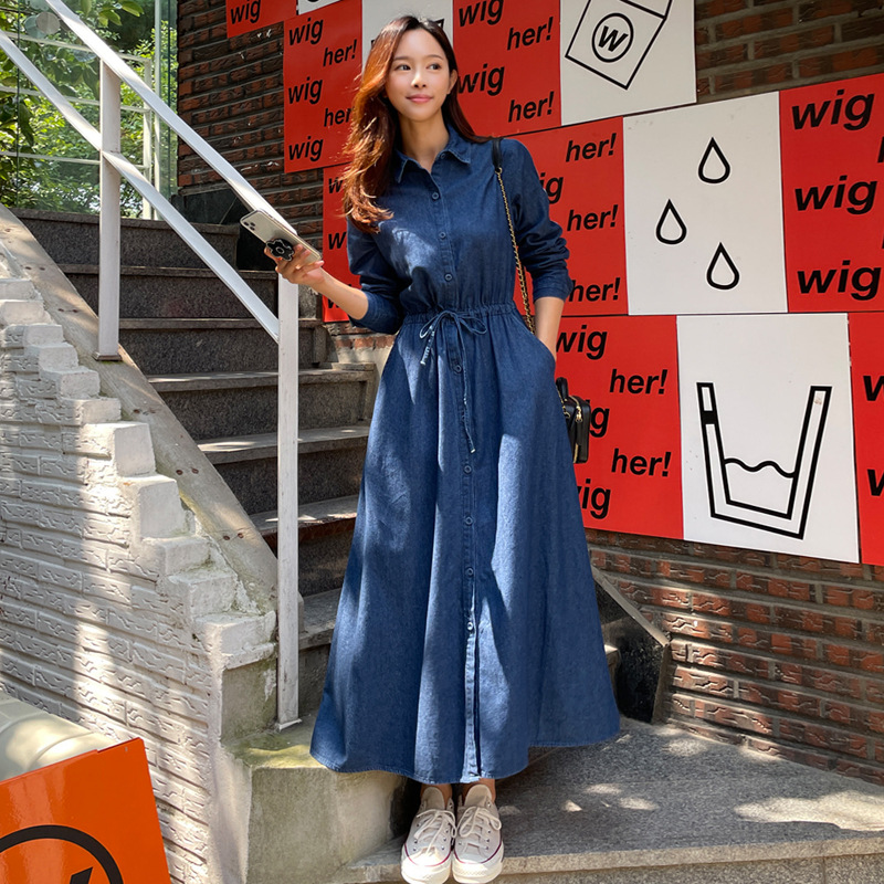 Vintage Elegant South Korea Long-sleeved Denim Dress Loose Lace-up Denim Shirt Dress Korean-style dress