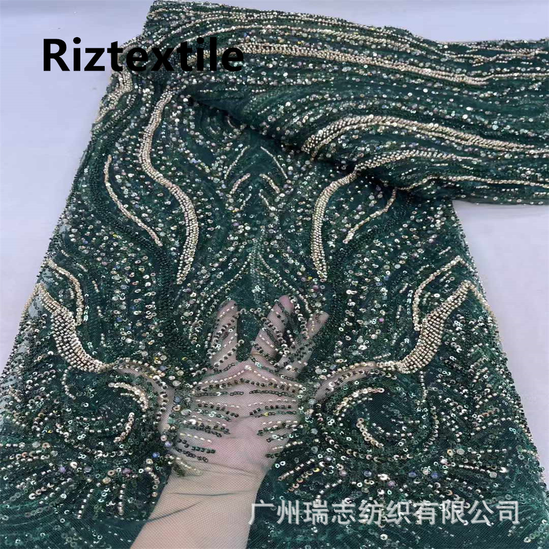 Sequins French Lace fabric Sequins beaded Lace fabric African wedding dress beaded tube embroidery