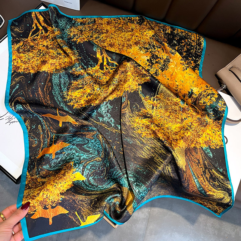 Picture of Spring and Autumn Thin Japanese and Korean Sweet Champagne Color Small Floral Silk Mulberry Silk 70cm Square Scarf Silk Scarf Hair Band Headwear Women