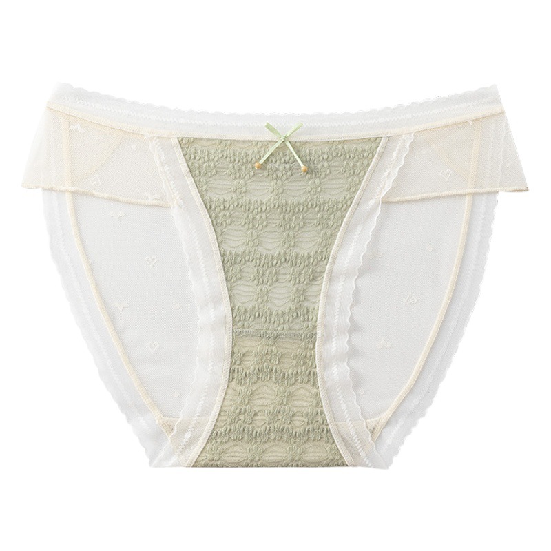 High Split Pure Mesh Lace Underwear Women's Wooden Beads Bow Mulberry Silk Antibacterial Crotch Mid-Waist Briefs for Women